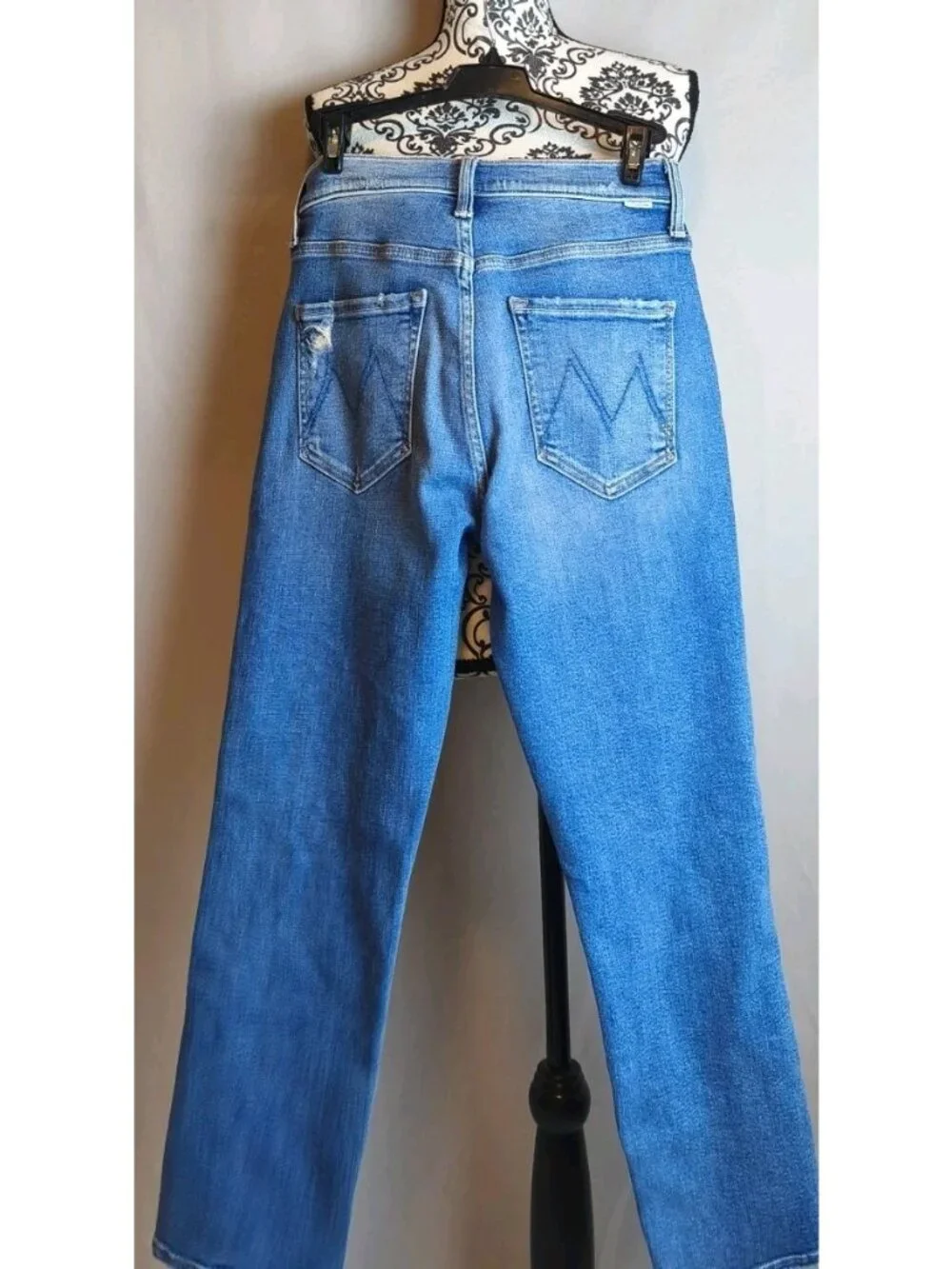 MOTHER The Tomcat High Rise Straight Leg Jeans Size 27 Blue Distressed Button Fl